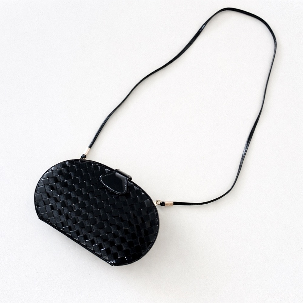Vintage 90s Black Vinyl Leather Round Checkered Crossbody Clutch